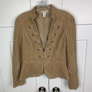 White House Black Market Size 4 Tan Corduroy Military Jacket Silver Button Stret